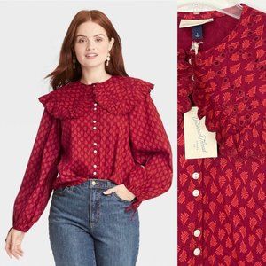 Universal Thread Women Top Small Blouse Red Long Sleeve Embroidered Collar New